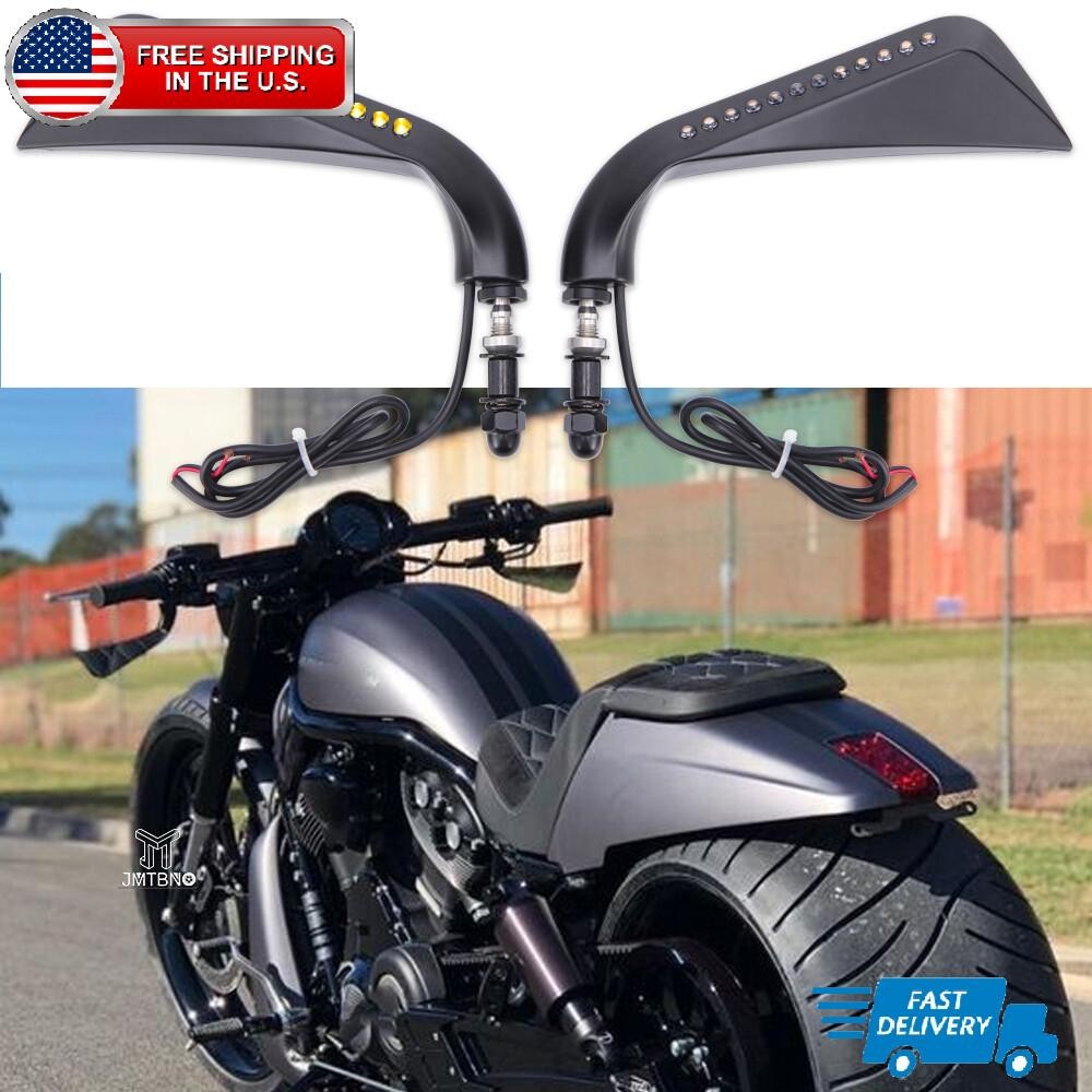 Black Motorcycle Mirrors w/ LED Turn Signal For Harley V-Rod Sportster Softail