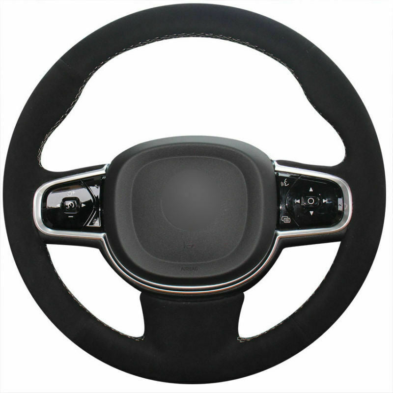 Black Suede Steering Wheel Hand-stitch on Wrap Cover For Volvo XC90 2015-2017