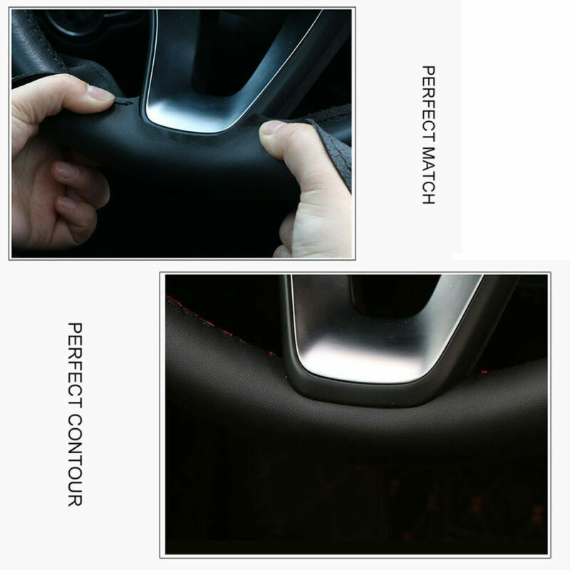 Black Leather Steering Wheel Red Hold Hand-stitch Wrap Cover For Tesla Model 3 Y 6B93BC-57