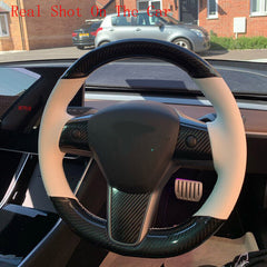 Carbon Fiber&White Leather Steering Wheel Hand Sewing Wrap For Tesla model 3 Y