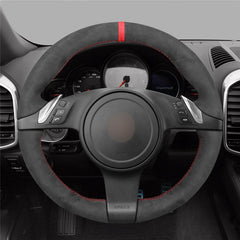 Black Suede Leather Steering Wheel Red Strip Wrap Cover For Porsche Panamera