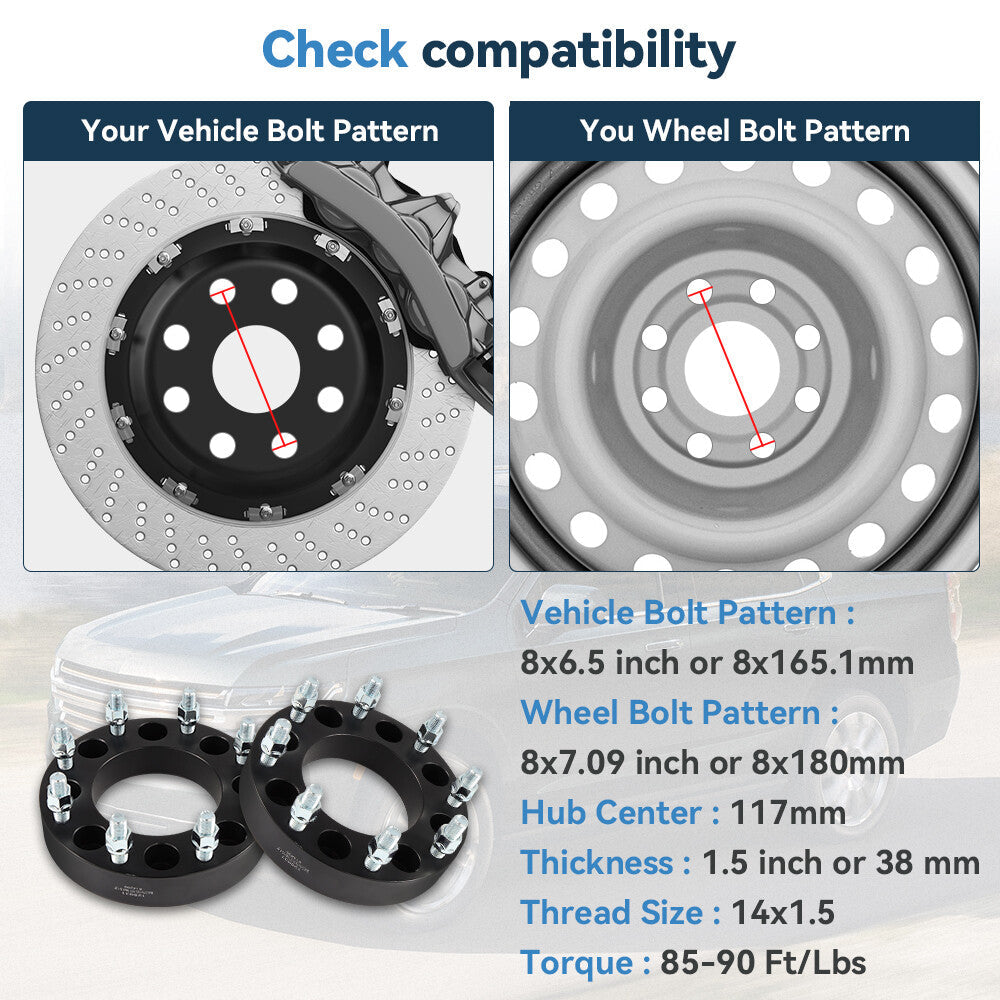 4Pc 1.5" 8x6.5 to 8x180 Wheel Adapters 14x1.5 For Chevy 8x165.1 Convert to 8x180 6B93BC-57