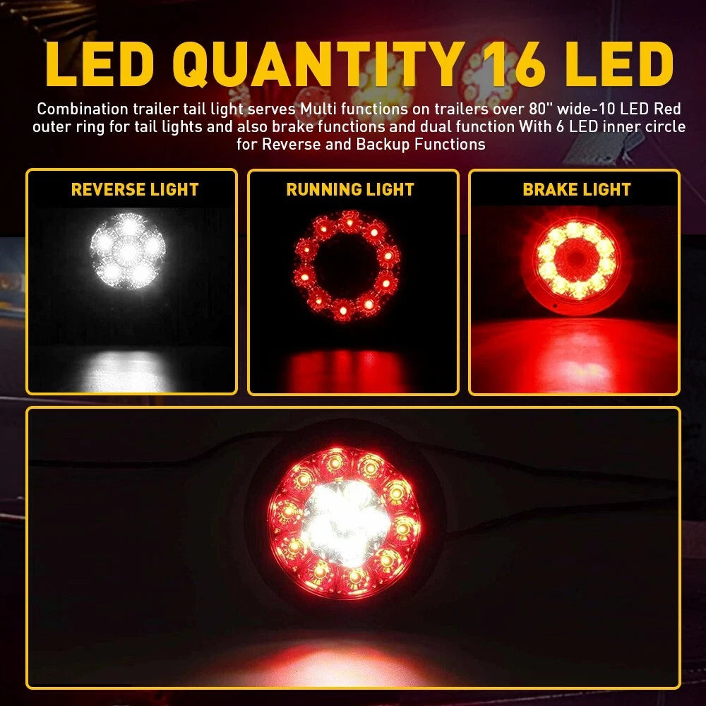 4inch Red+White 16-LED Round Truck Trailer Stop Turn Tail Signal Brake Lights EA 6B93BC-57