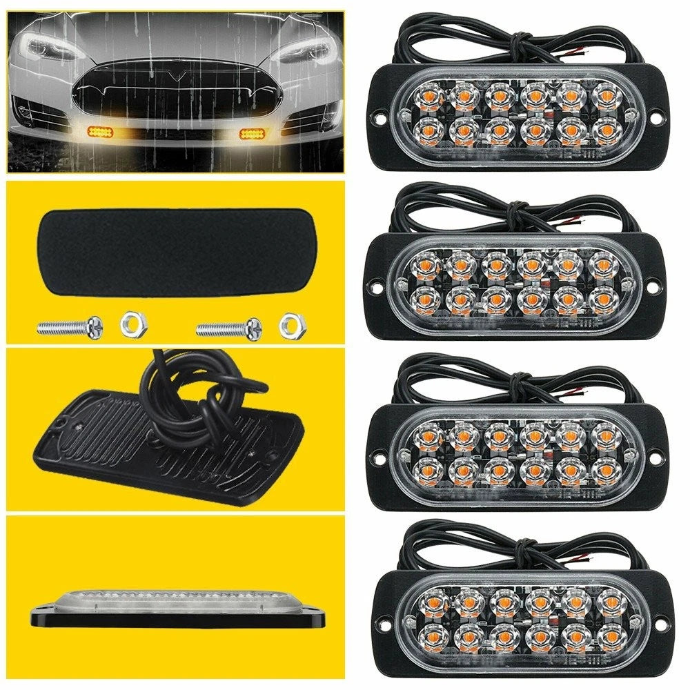 4x Amber 12 LED Strobe Light Bar Truck Hazard Beacon Flash Warning 6B93BC-57