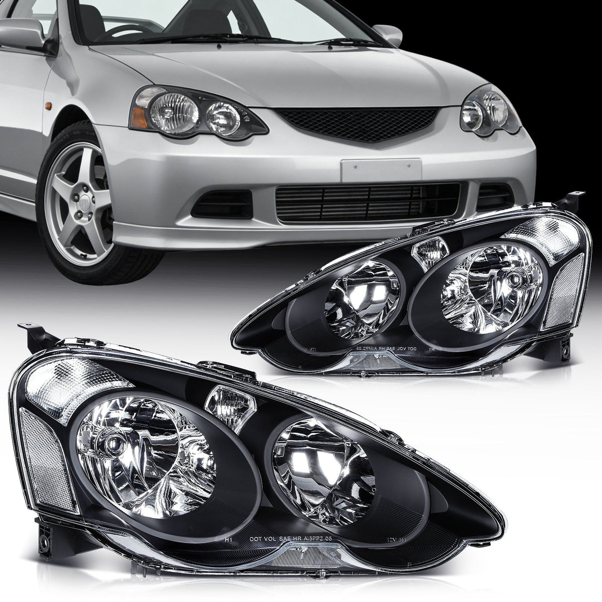 Pair Kit Halogen Headlights Assembly For 2002-2004 Acura RSX 2.0L Black 6B93BC-57