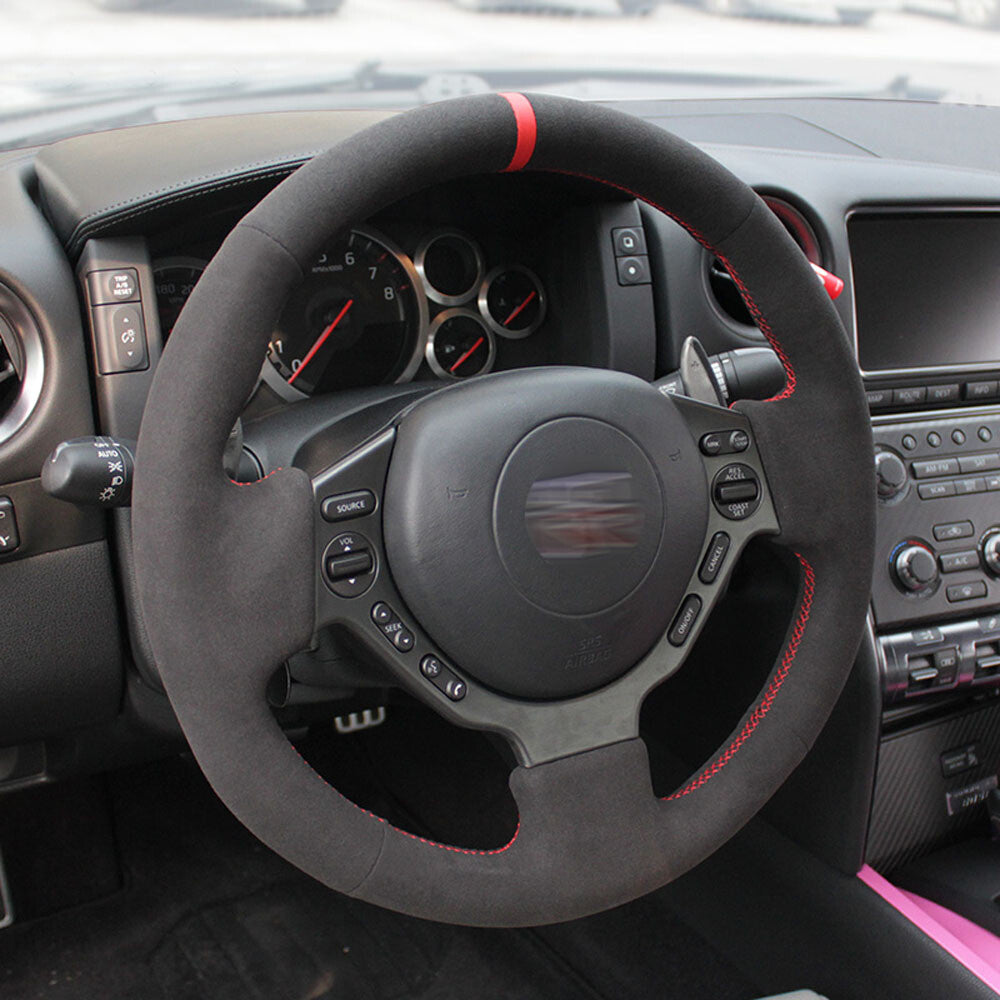 Black Suede Leather Red Mark Steering Wheel Stitch on Wrap Cover For Nissan GTR