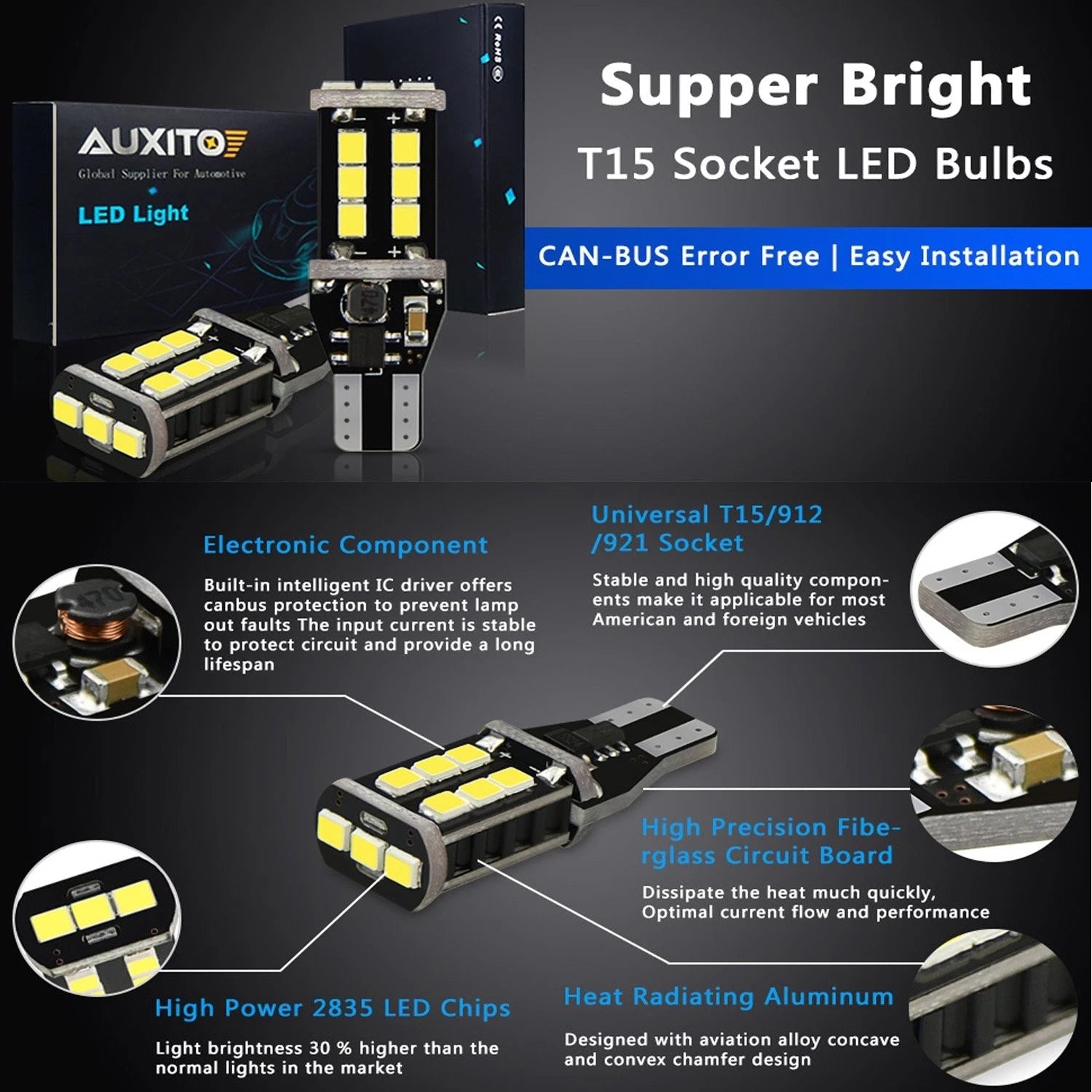 4 PC AUXITO 921 912 T15 LED Reverse Light Bulb CANBUS Error Free 1200LM White EA AUXITO