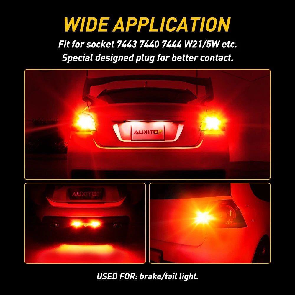 2-10x AUXITO 7443 Red LED Strobe Flashing Blinking Brake Tail Light Parking Bulb AUXITO
