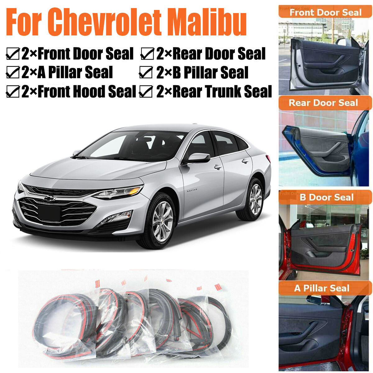 Door Rubber Seal Strips Weather Draft Noise Reduction Kit For Chevrolet Malibu