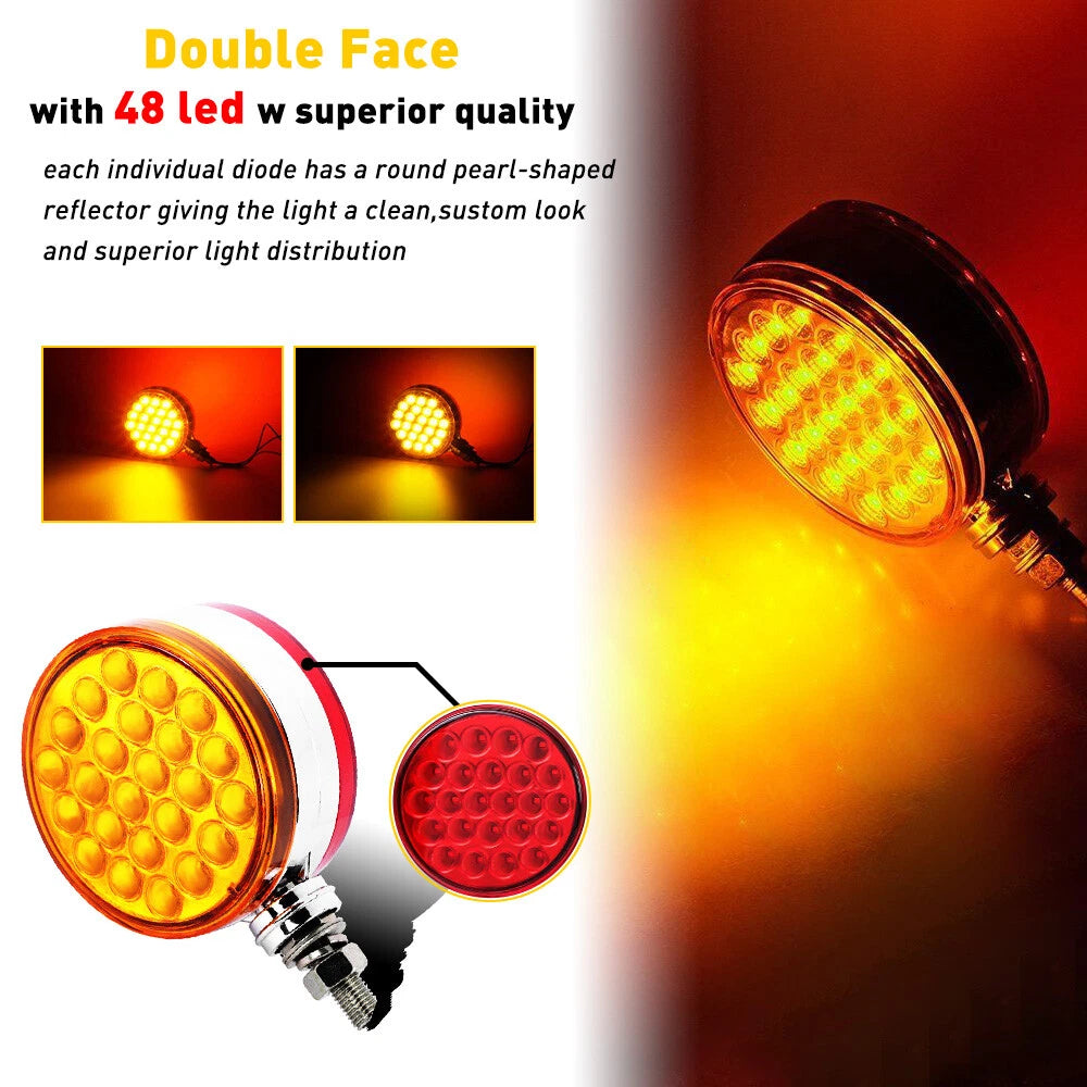 2pc Amber/Red 48 LED Double Face Stud Mount Pedestal Fender Stop Turn Tail Light 6B93BC-57