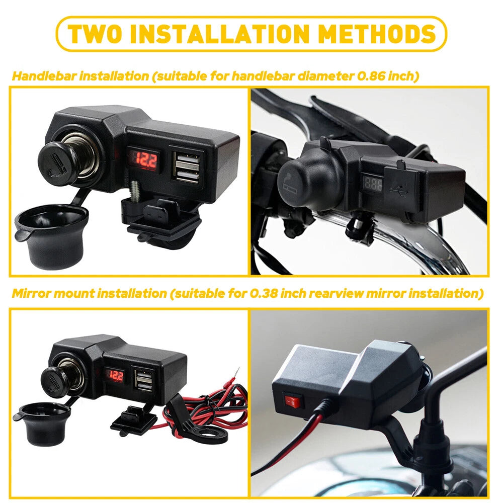 Motorcycle Handlebar Socket Waterproof USB Dual Phone Charger Cigarette Lighter 6B93BC-57