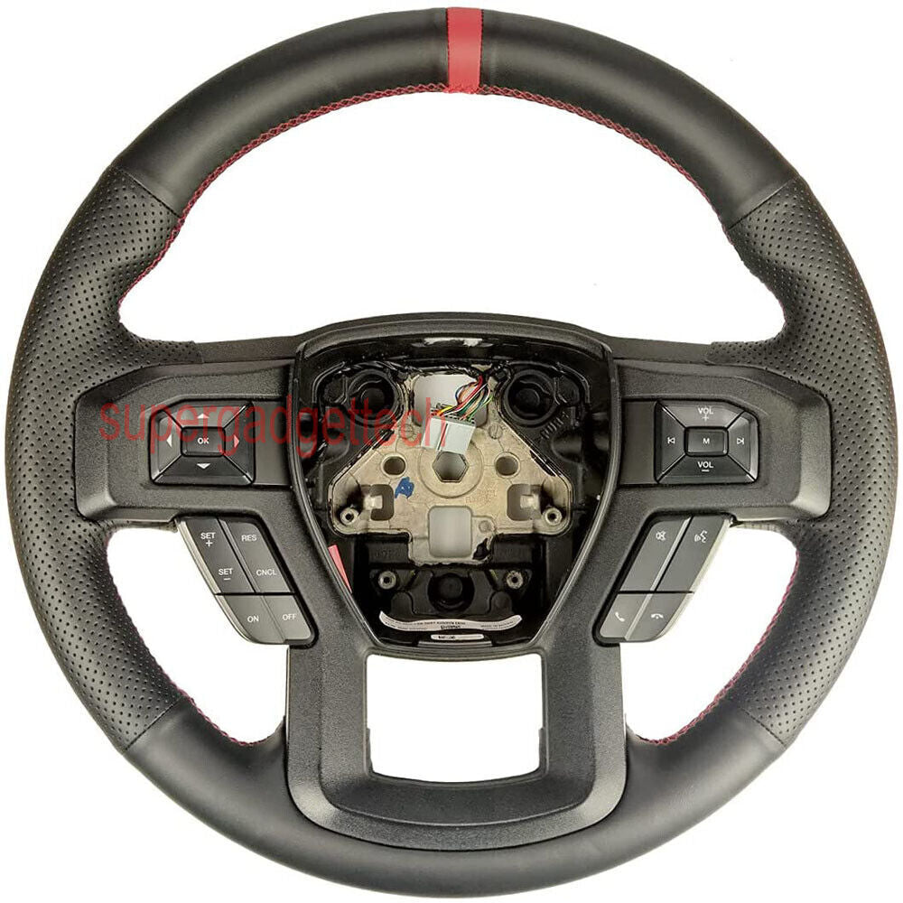 Black Side Hole Leather Steering Wheel Red Stitch Wrap Cover For Ford F-150 F250