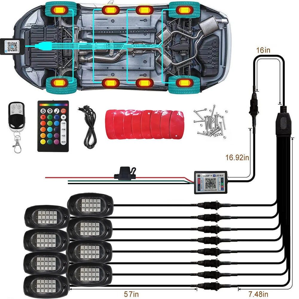 8x RGB LED Rock Light Kit For Off-Road Underglow Foot Wheel Well Light Truck ATV 6B93BC-57
