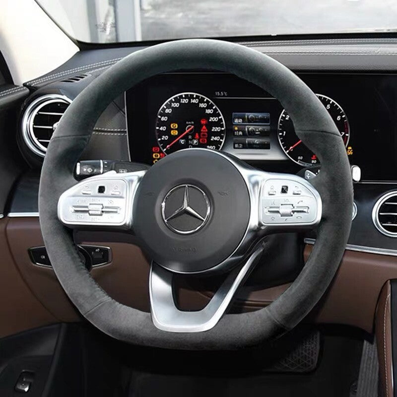 Black Suede Leather Steering Wheel Black Stitch on Wrap Cover For Mercedes E300L