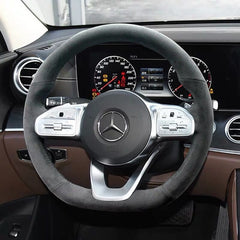 Black Suede Leather Steering Wheel Black Stitch on Wrap Cover For Mercedes E300L
