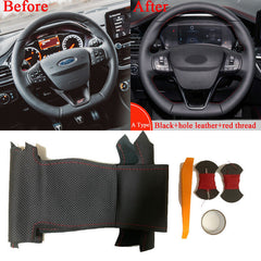 Black&Hole Leather Steering Wheel Red Stitch Wrap Cover For Ford Focus ST 19-20