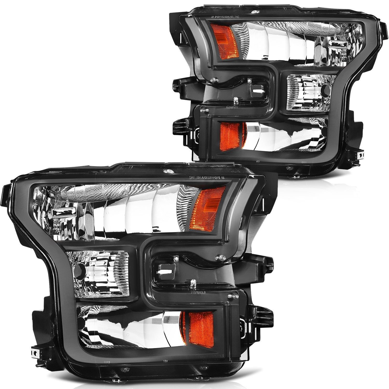 Pair Kit Halogen Headlights Assembly For 2015-2017 Ford F-150 F150 Black Amber 6B93BC-57