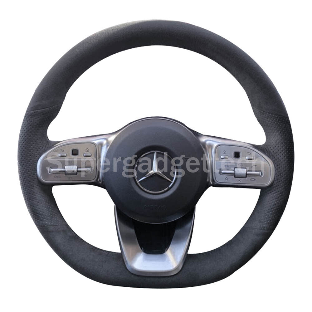 Black&Suede Leather Steering Wheel Black Stitch on Wrap Cover For Mercedes W177