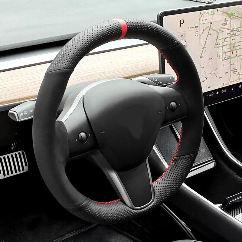 Black Suede&Hole Leather Steering Wheel Hand Sewing Wrap For Tesla model 3 Y