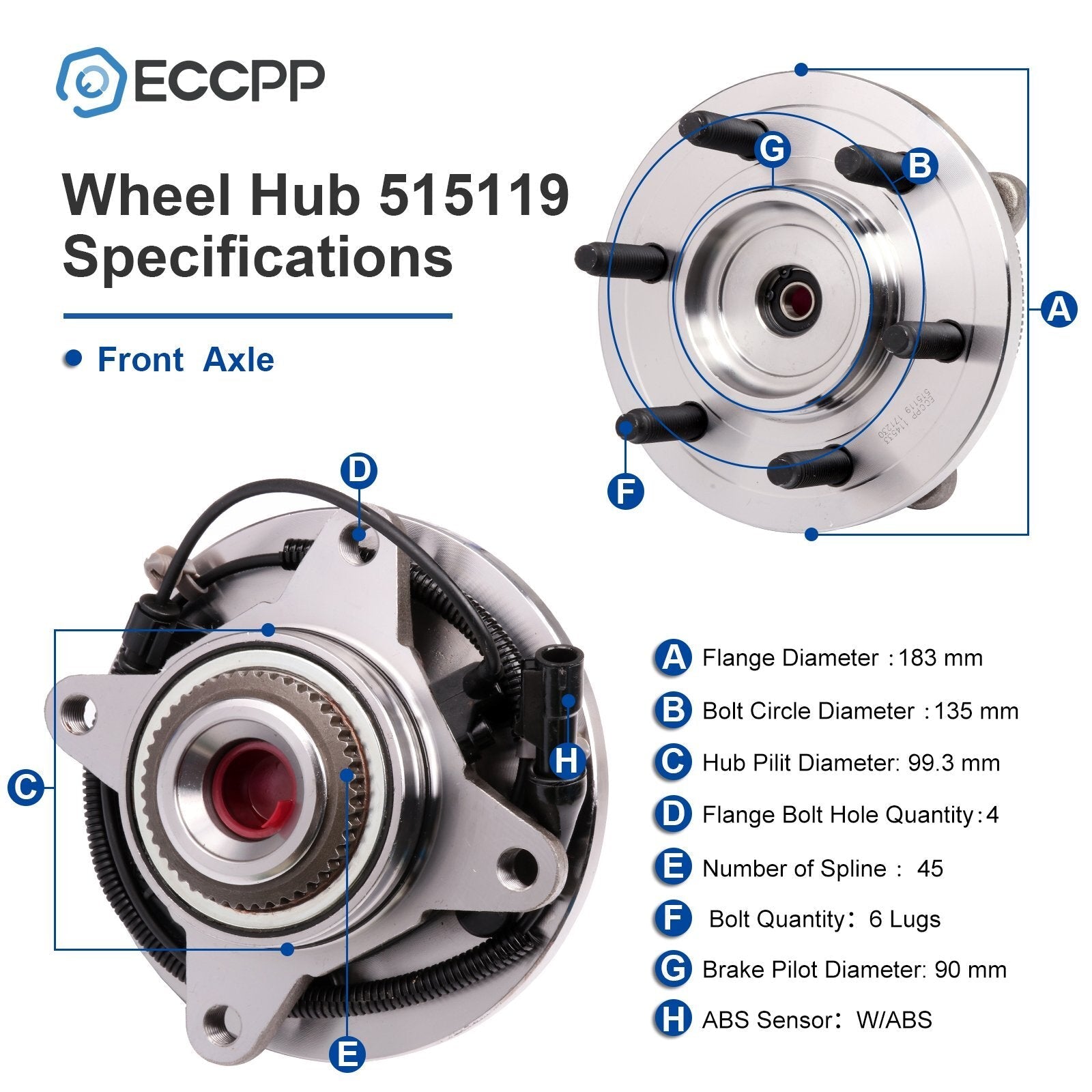 1Pc Wheel Hub Bearing Assembly Front 4WD For 2009 2010 Ford F150 6 Lug w/ ABS 6B93BC-57