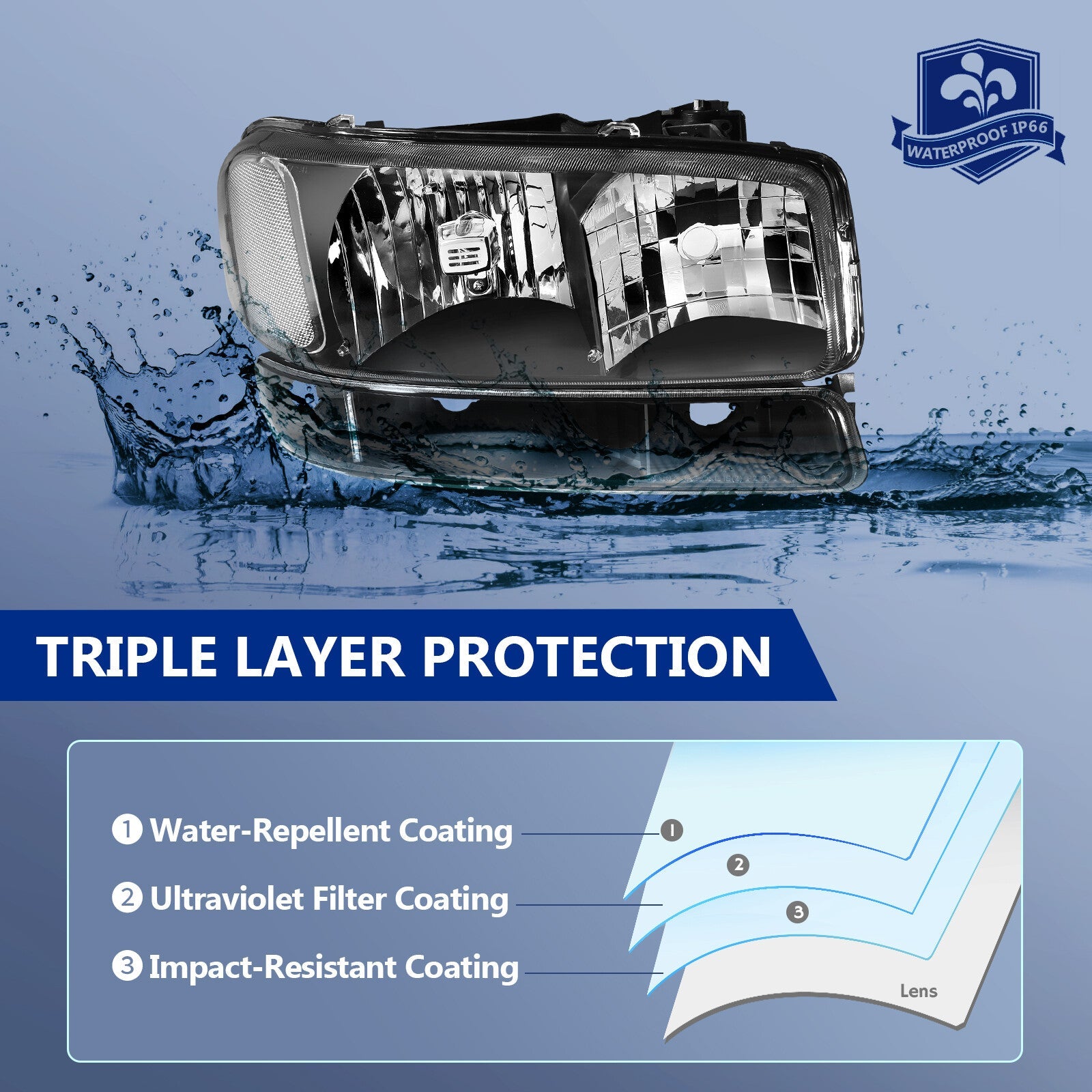 Fits 99-07 GMC Sierra Headlights Assembly Pair + Bumper Lamp Black Housing Set 6B93BC-57