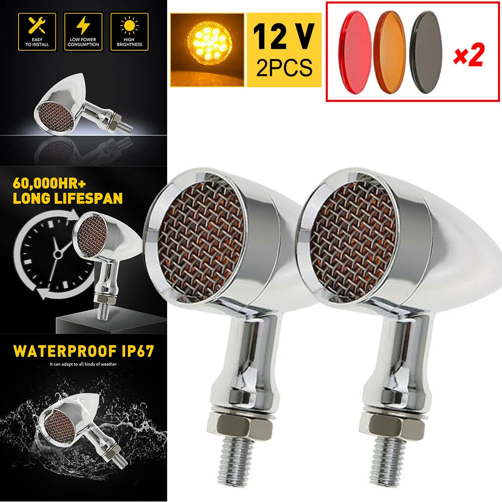2x Chrome Turn Amber LED Motorcycle Light Bullet Signal Blinker Brake AUXITO For AUXITO