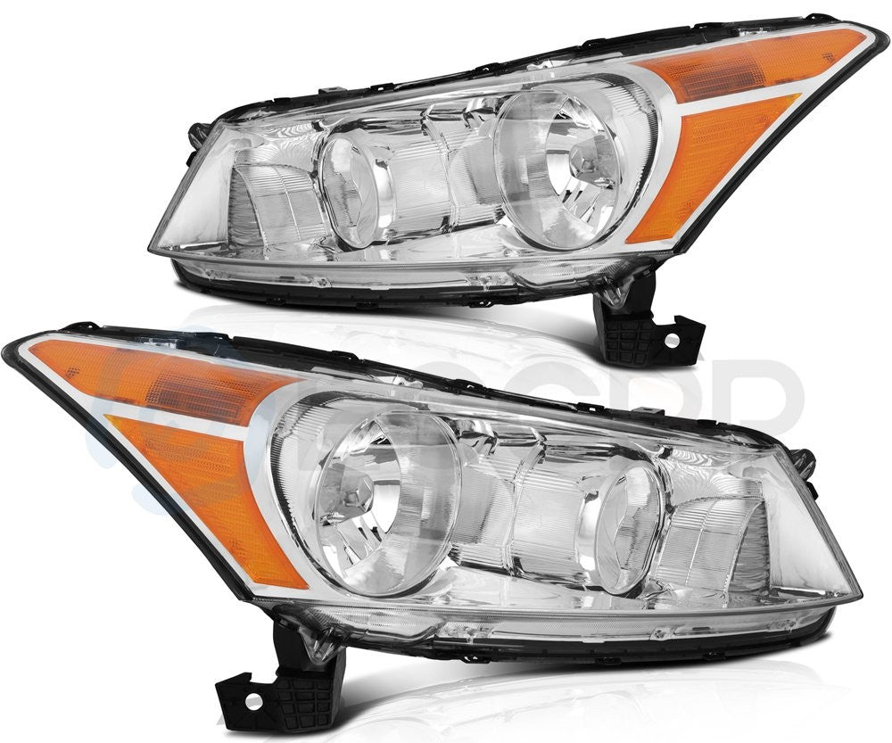 Pair Kit Headlights Assembly For 2008-2012 Honda Accord 2.4L 3.5L Chrome Amber 6B93BC-57