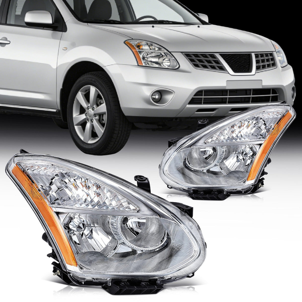 Pair Kit Headlights Assembly For 2012-2015 Nissan For Rogue 2.5L Chrome Amber 6B93BC-57