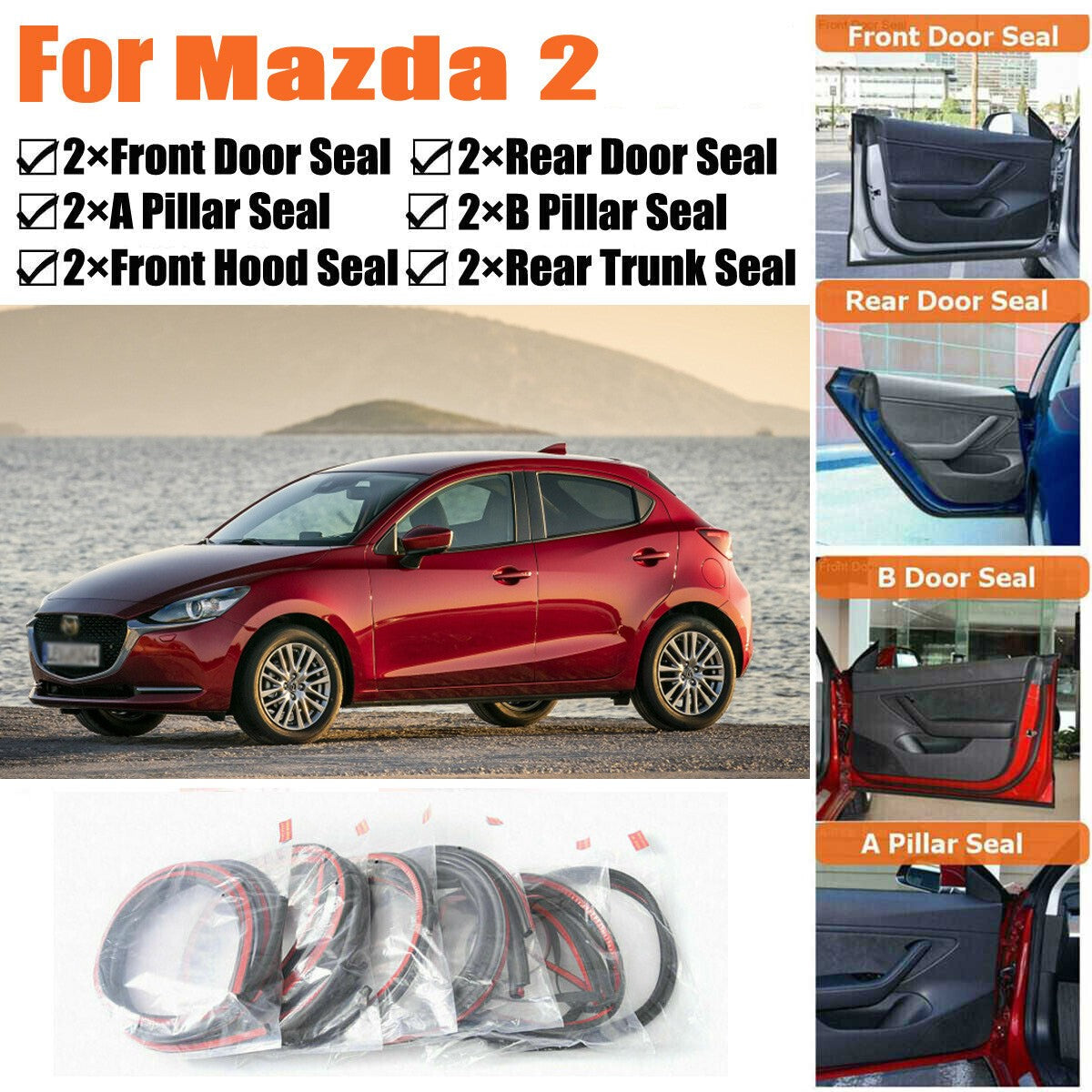 Door Rubber Seal Strips Weather Draft Wind Noise Reduction Kit For Mazda 2