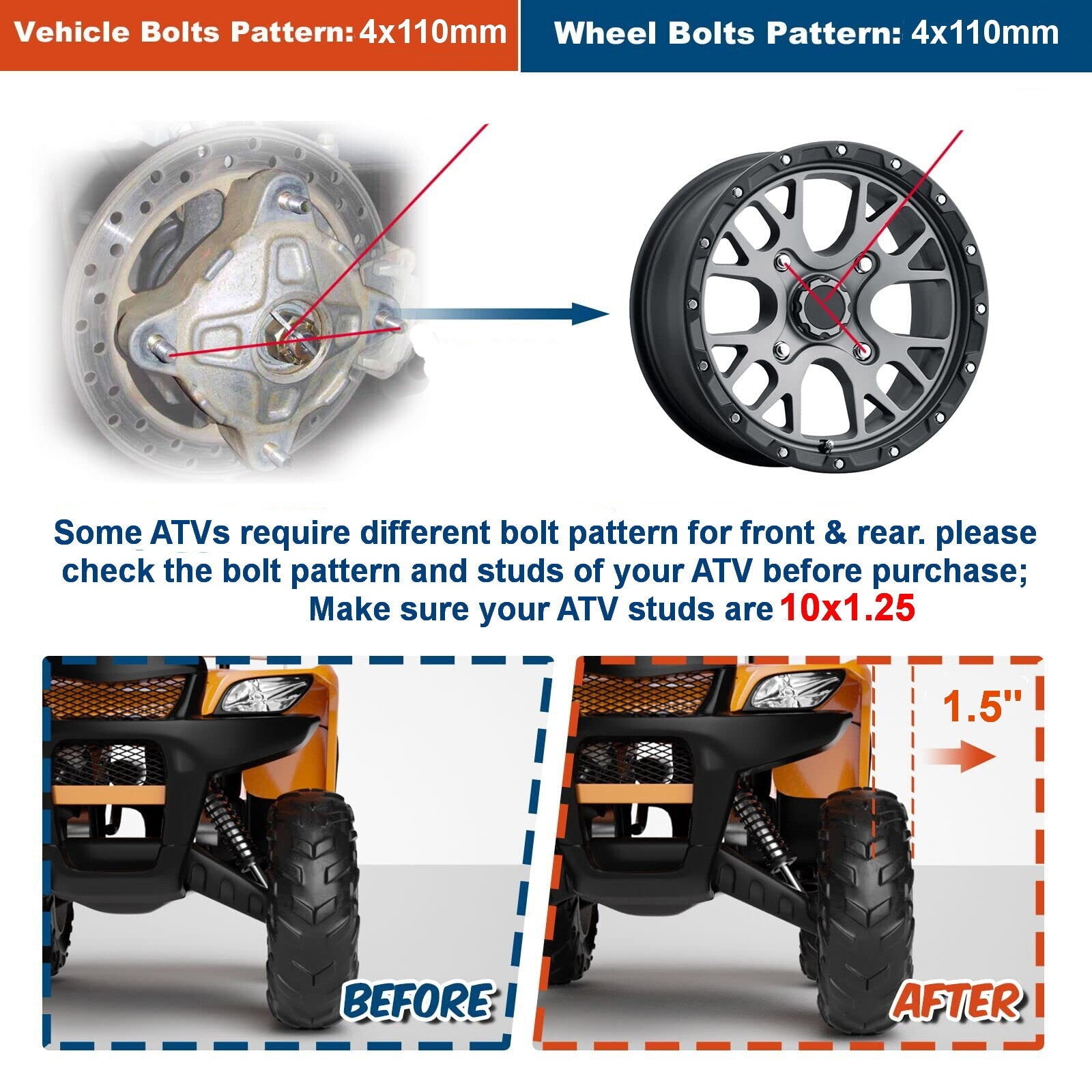 4Pcs 1.5" 4x110 Wheel Spacers 10x1.25 For Honda Kawasaki Suzuki Yamaha 4/110 ATV 6B93BC-57