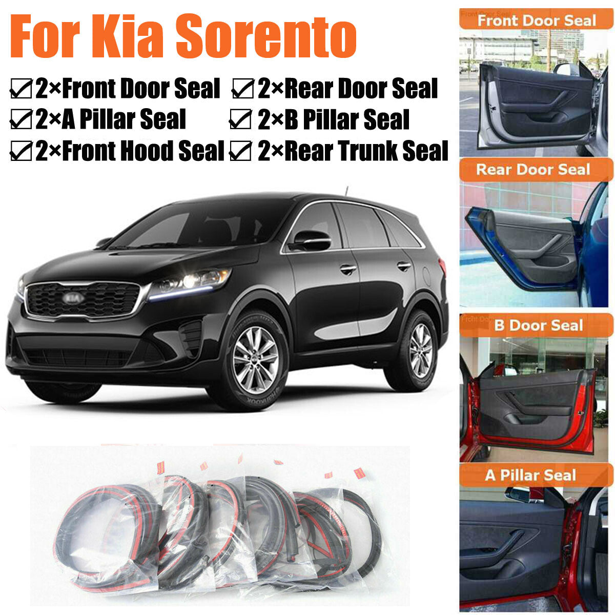 Door Rubber Seal Strips Weather Draft Wind Noise Reduction Kit For kia Sorento