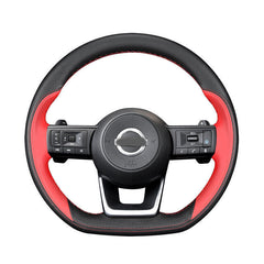Black &Red Leather Steering Wheel Hand Sewing Wrap Cover For Nissan Rogue 2021