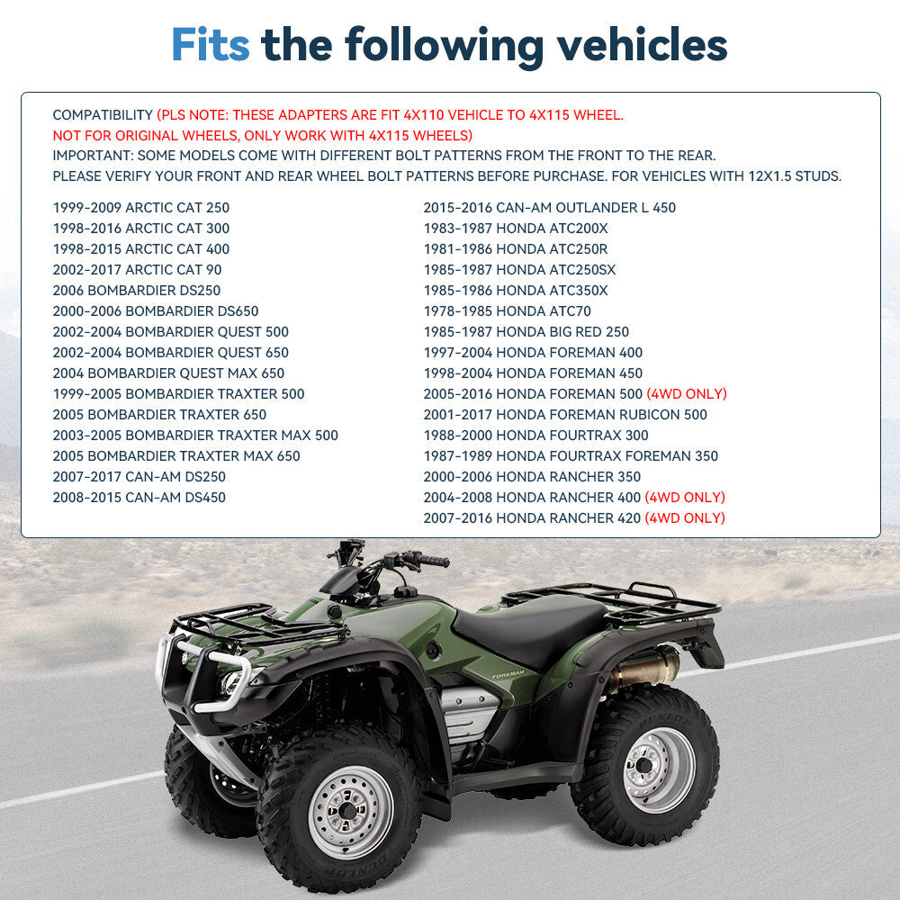 4 Pcs 1" Wheel Adapters 12x1.5 For Honda Suzuki 4/110 to Arctic Cat 4/115 Wheels 6B93BC-57