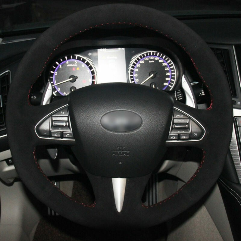 Top Black Suede Steering Wheel Hand-stitch on Wrap Cover For Infiniti Q50 2014