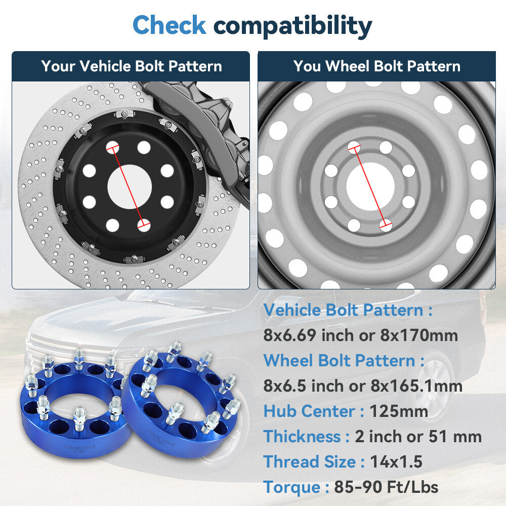 2Pcs 2" 8x170 to 8x6.5 Wheel Adapters 14x1.5 For Ford F-250 to Chevy 8 Lug Wheel 6B93BC-57