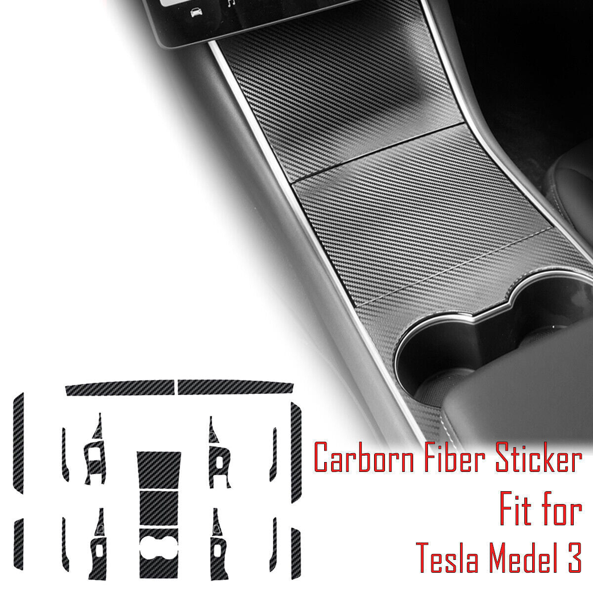 Interior Center Console Carbon Fiber Molding Sticker Decals For Tesla Model 3
