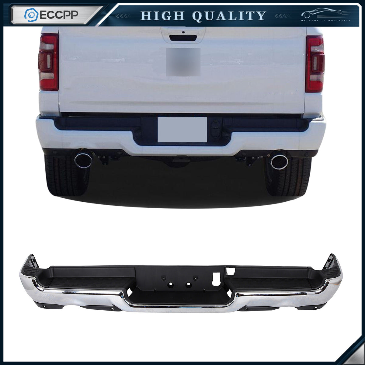 Chrome Steel Rear Bumper w/ Dual Exhaust & Park Sensors For 2019-2024 RAM 1500
