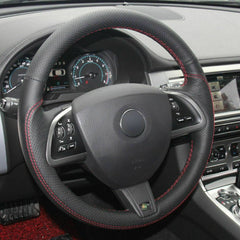 Top Black Leather Steering Wheel Hand-stitch on Wrap Cover For Jaguar XF