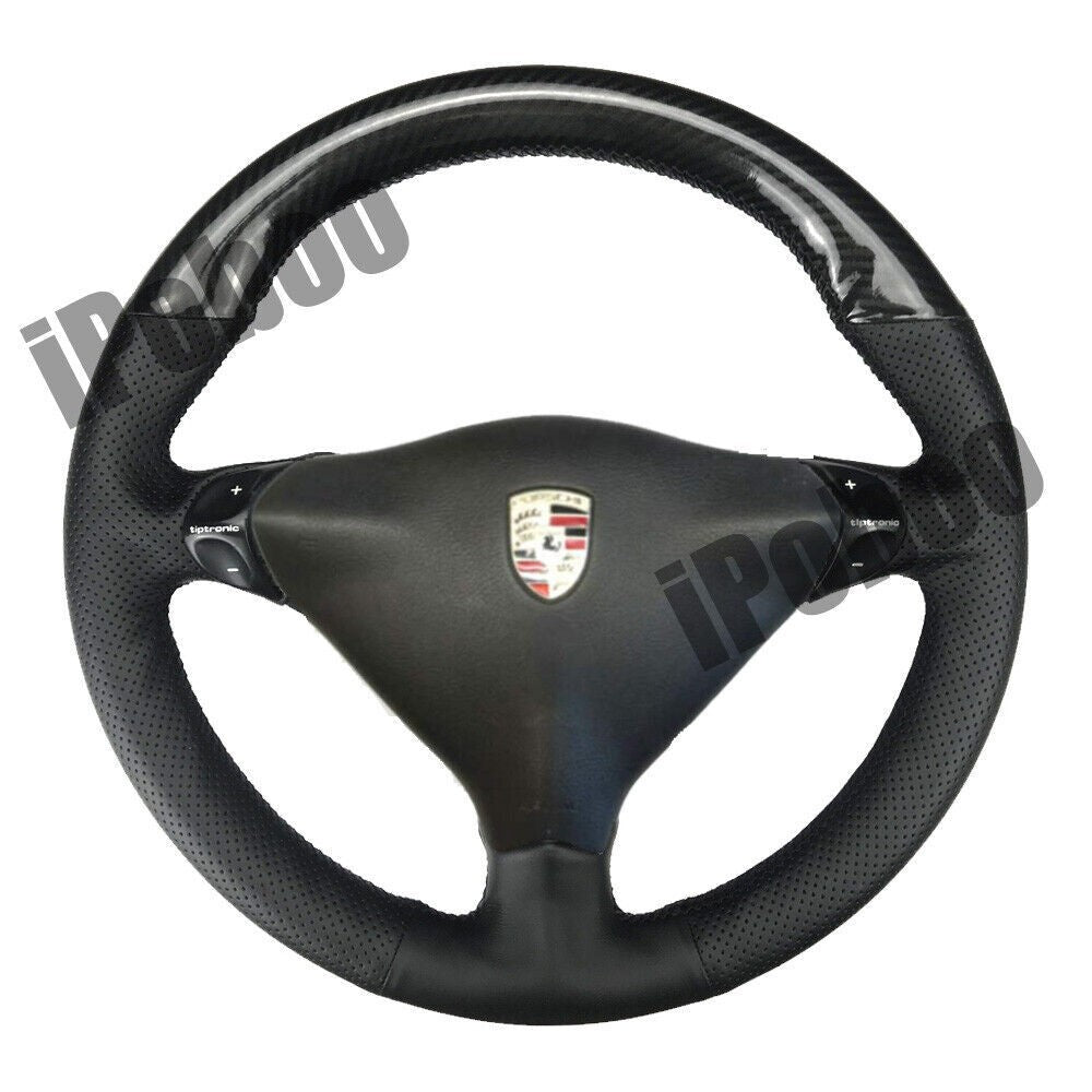 Glossy Carbon Fiber &Black Leather Steering Wheel Wrap Cover For Porsche Carrera