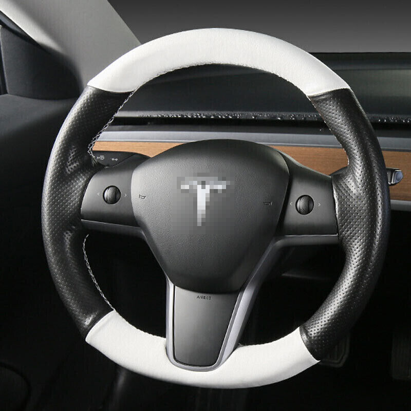 White&Black Hole Leather Steering Wheel Red Stitch Wrap Cover For Tesla Model 3