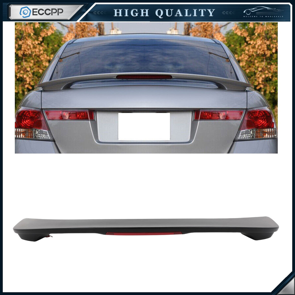 Rear Spoiler w/LED Brake Light Fits 2008-2012 Honda Accord Sedan Unpainted 6B93BC-57