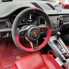 Black& Red Suede Leather Steering Wheel Wrap Cover Fit For Porsche Cayenne 15-16