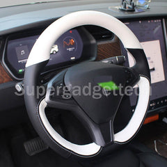 DIY White&Black Leather Steering Wheel Stitch Wrap Cover For Tesla Model X/S