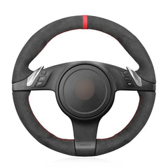 Black Suede Leather Steering Wheel Red Strip Wrap Cover For Porsche Panamera