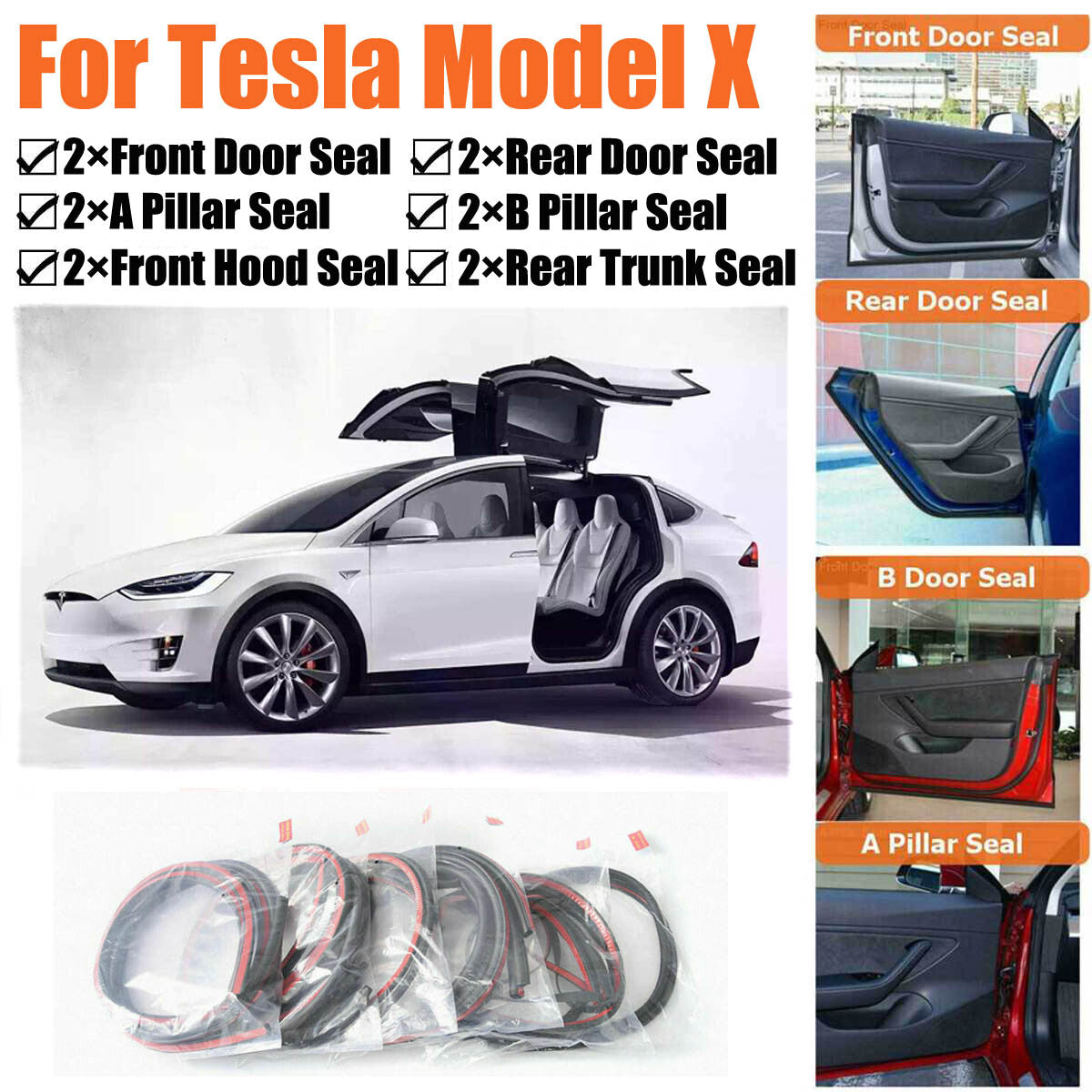 Door Rubber Seal Strips Weather Draft Wind Noise Reduction Kit For Tesla Model X