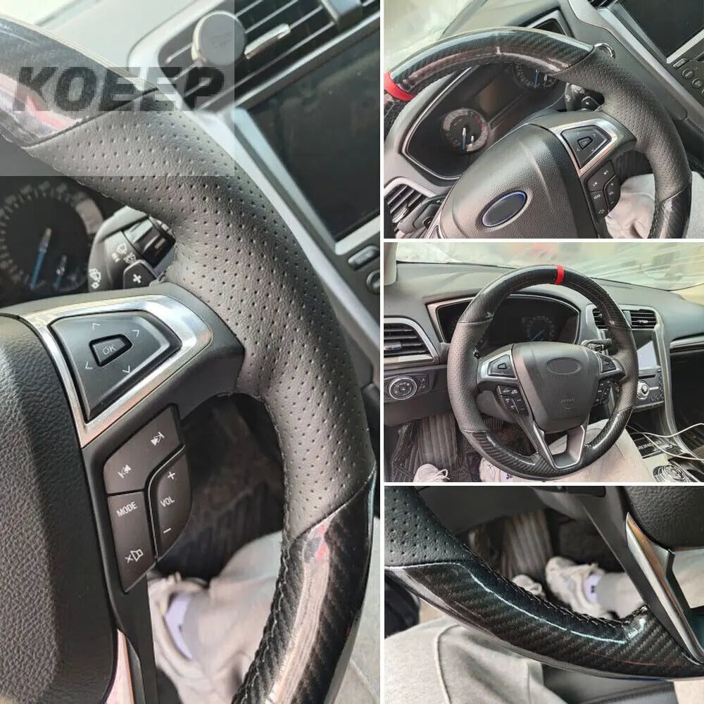 Carbon Fiber&PU Leather Steering Wheel Hand Sewing Wrap Cover For Ford Fusion 6B93BC-57