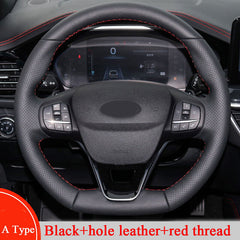 Black&Hole Leather Steering Wheel Red Stitch Wrap Cover For Ford Focus ST 19-20