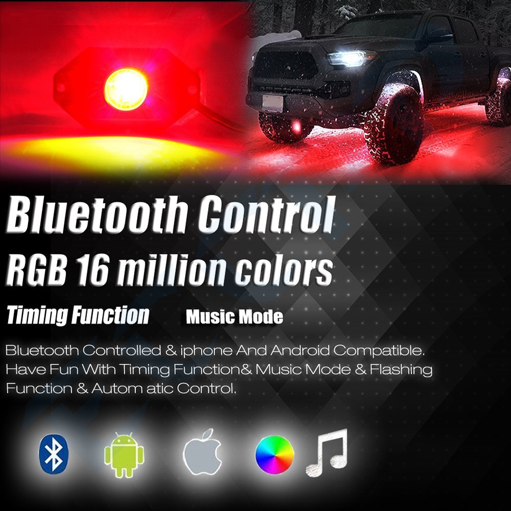 ECCPP 4 Pod RGB LED Rock Light Offroad Music Wireless Bluetooth Control ATV Jeep ECCPP