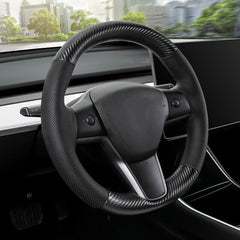 3D Carbon Fiber&Leather Steering Wheel White Stitch Wrap Cover For Tesla Model 3