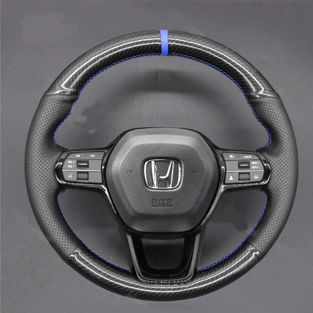 5D Carbon Fiber&Leather Steering Wheel Hand Sewing Wrap Cover For Honda Civic 22